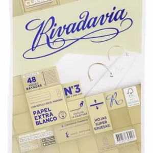 Repuesto Escolar Nº3 RIVADAVIA x 48 Hojas RAYADAS (SIN BANDA) – Extra Blanco