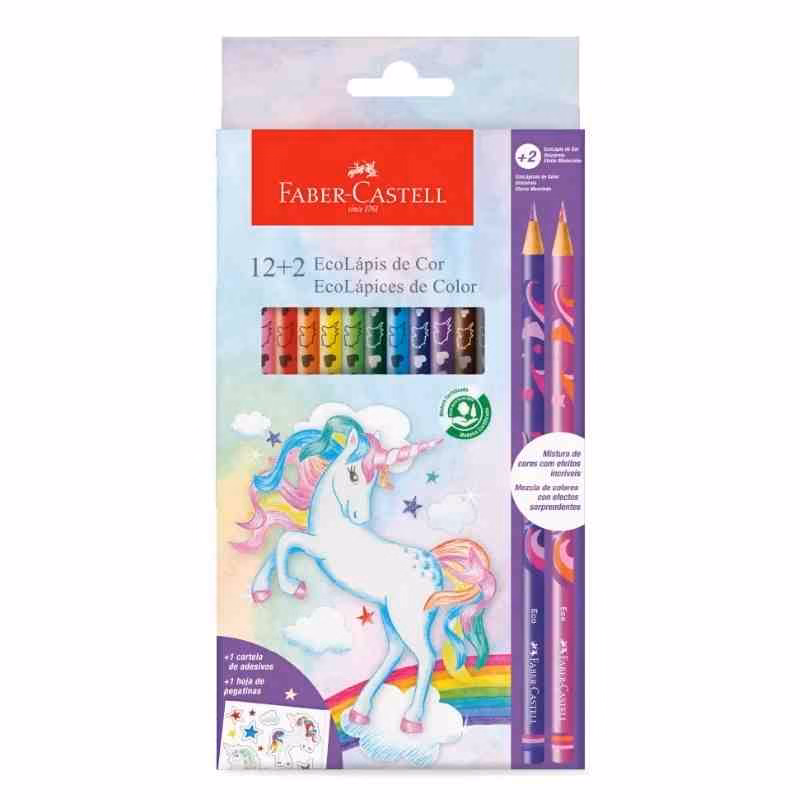Lápices de Colores Faber Unicornio x 12 uds + 2 mixtos + stickers